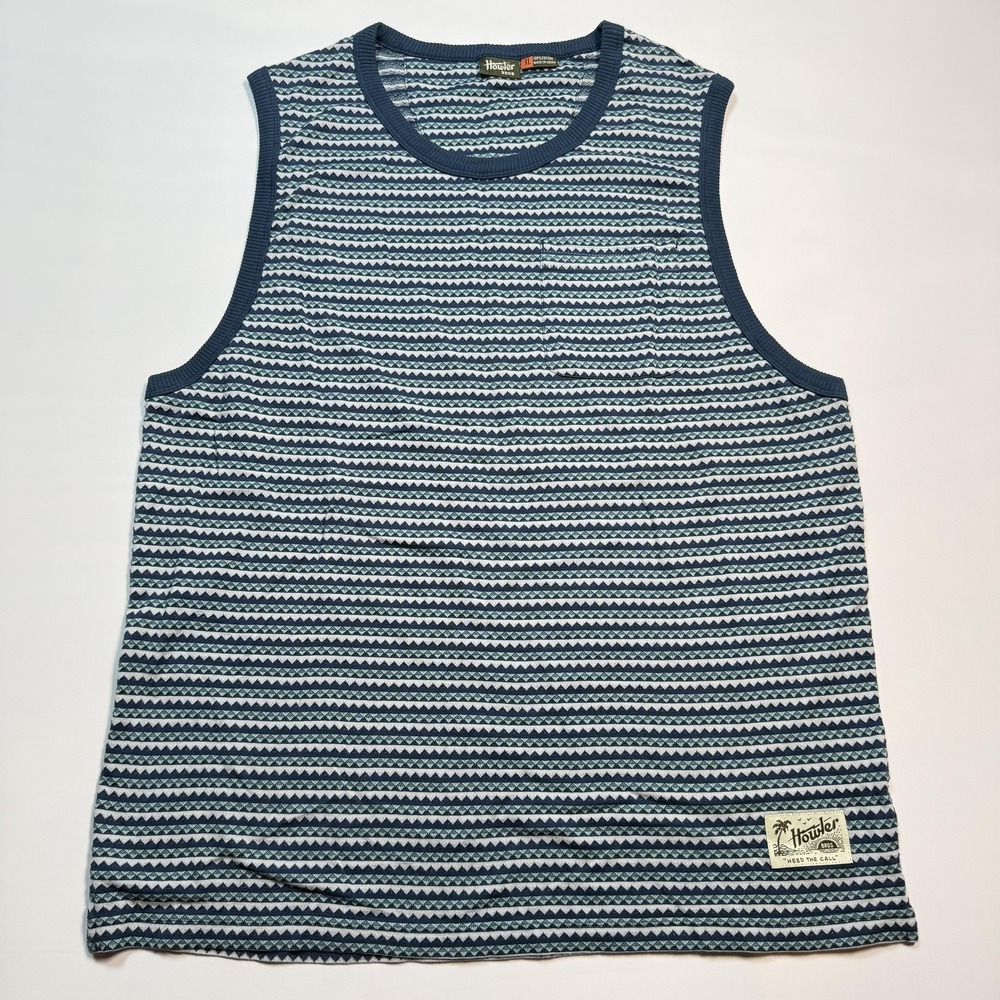 Howler Bros Shirt Mens XL Blue Geometric Tank Top Striped Graphic Summer Casual